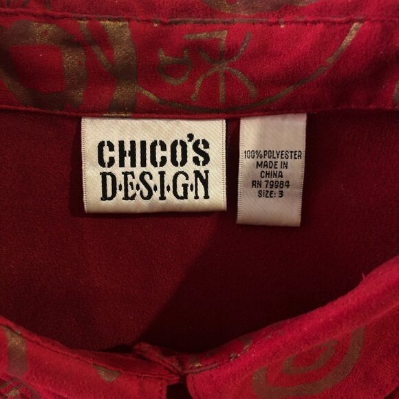 Chico's Design Sz 3 Red Long Sleeve Button Up Shirt Blazer Jacket Oriental Print - Picture 5 of 8